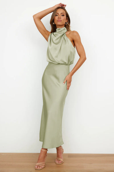 Dress Lungo in Satin con Collo Drappeggiato