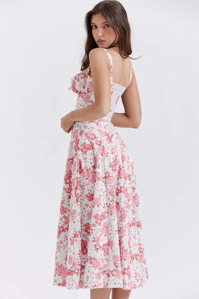 Daphne - Midi Dress with Floral Print and Lace-Up Corset