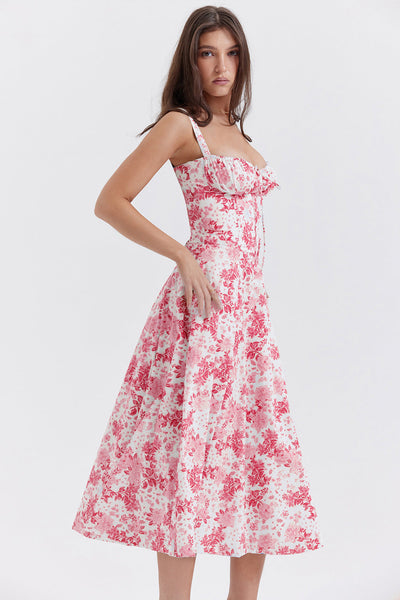 Daphne - Midi Dress with Floral Print and Lace-Up Corset