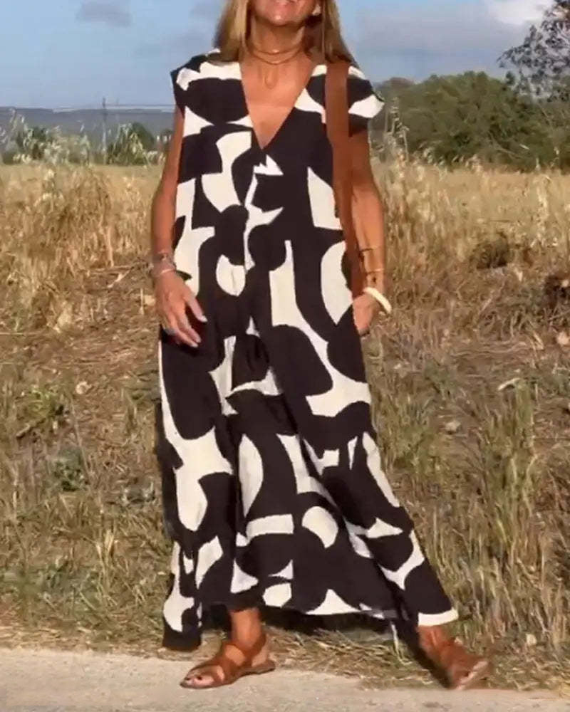 Abito Lungo Ampio con Stampa e Scollo a V