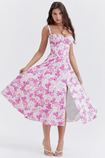 Daphne - Midi Dress with Floral Print and Lace-Up Corset