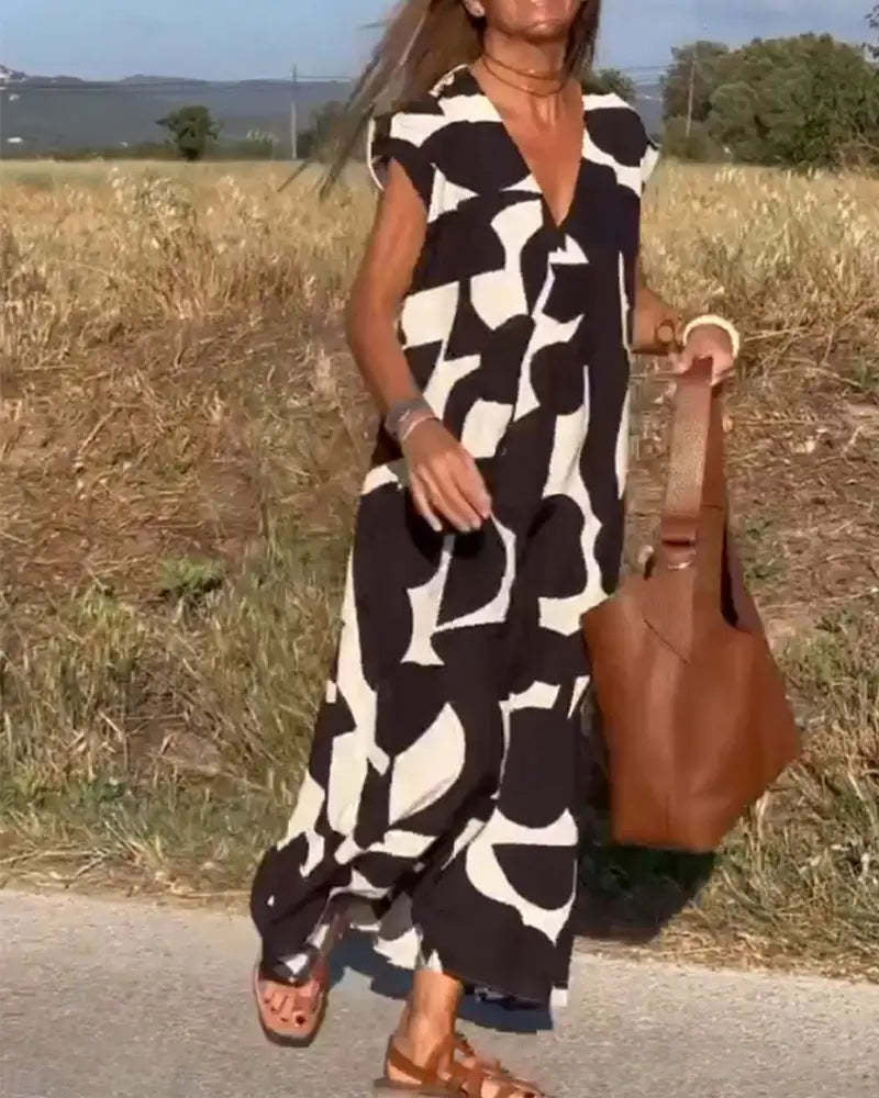 Abito Lungo Ampio con Stampa e Scollo a V