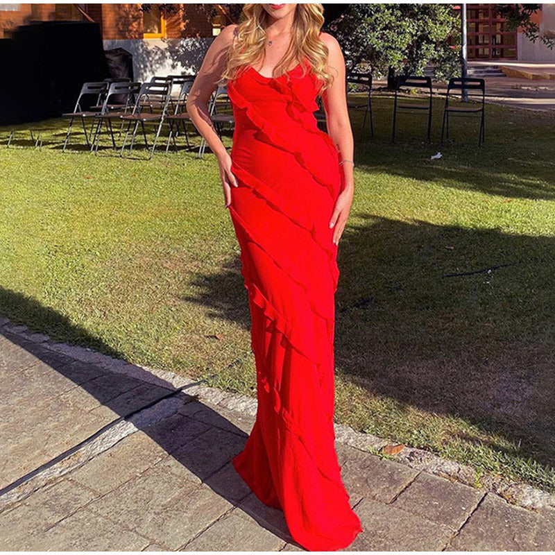 Abito Lungo Elegante con Rouches e Spalline