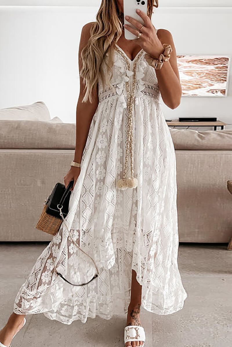 Asymmetric Midi Dress with Embroidery and Ruffles