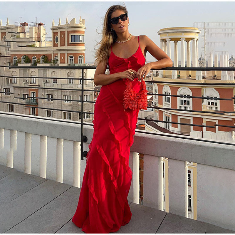 Abito Lungo Elegante con Rouches e Spalline