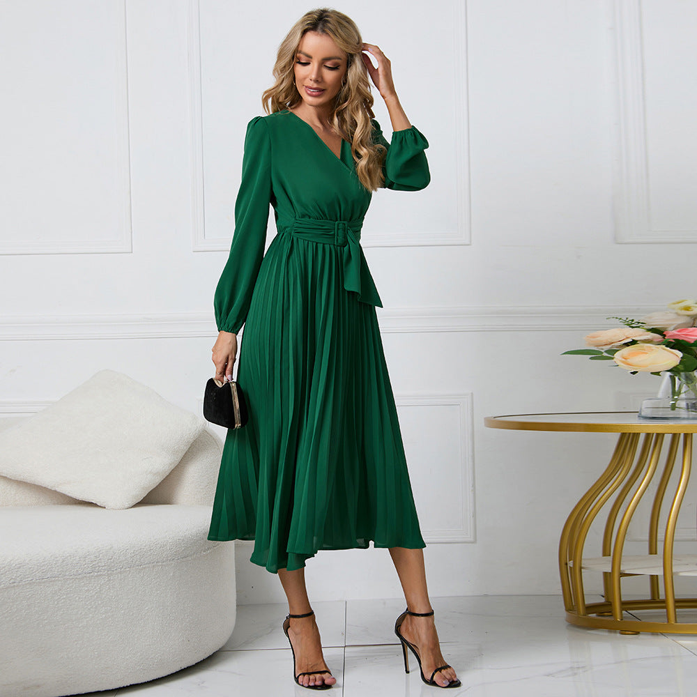Elegante Vestito Midi Plissettato con Scollo a V