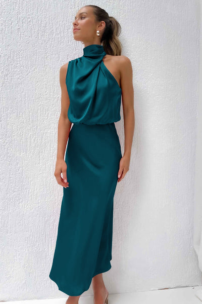 Dress Lungo in Satin con Collo Drappeggiato