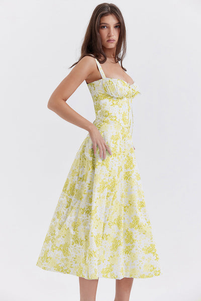 Daphne - Midi Dress with Floral Print and Lace-Up Corset