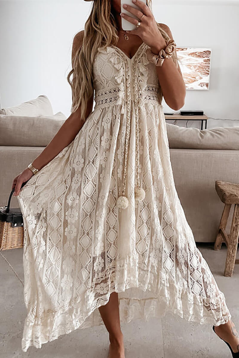 Asymmetric Midi Dress with Embroidery and Ruffles