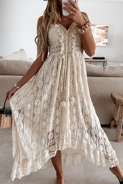 Asymmetric Midi Dress with Embroidery and Ruffles