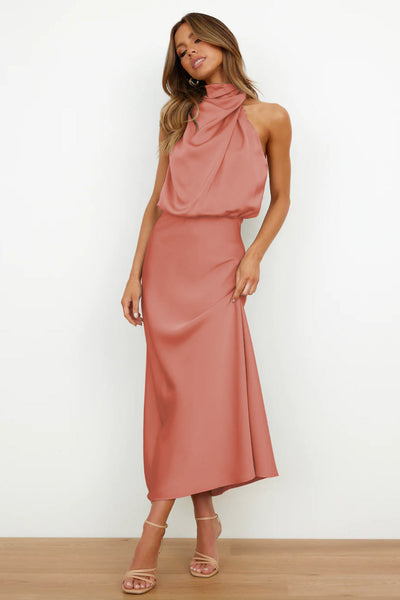 Dress Lungo in Satin con Collo Drappeggiato