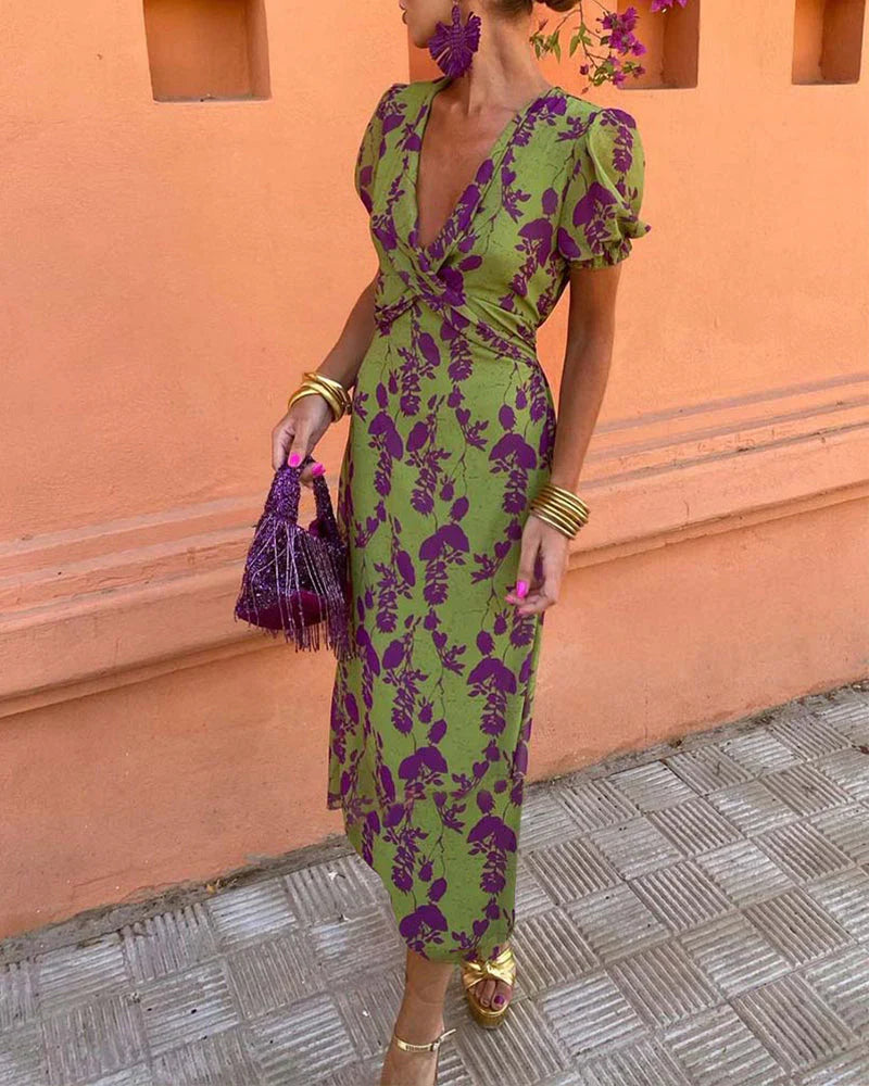 Livia - Elegante Vestito Midi con Maniche a Sbuffo