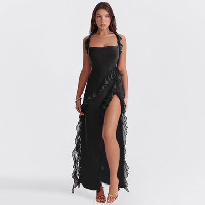 Abito Lungo Giorgia in Chiffon con Volant e Spacco