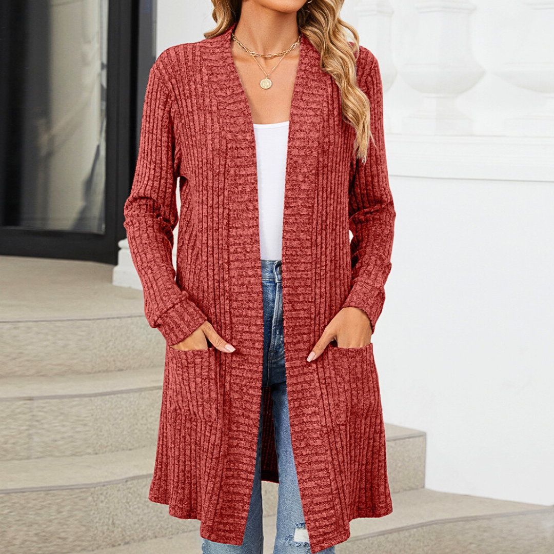 Cardigan Elegante Donna Lungo Chiaro – Maglia Morbida a Coste con Tasche