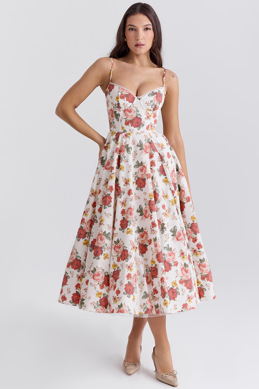 Cassandra - Vestito Midi con Corsetto, Gonna Ampia e Spalline Sottili