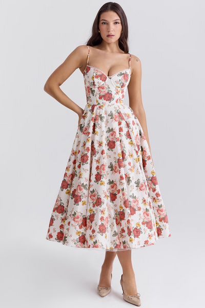 Cassandra - Vestito Midi con Corsetto, Gonna Ampia e Spalline Sottili