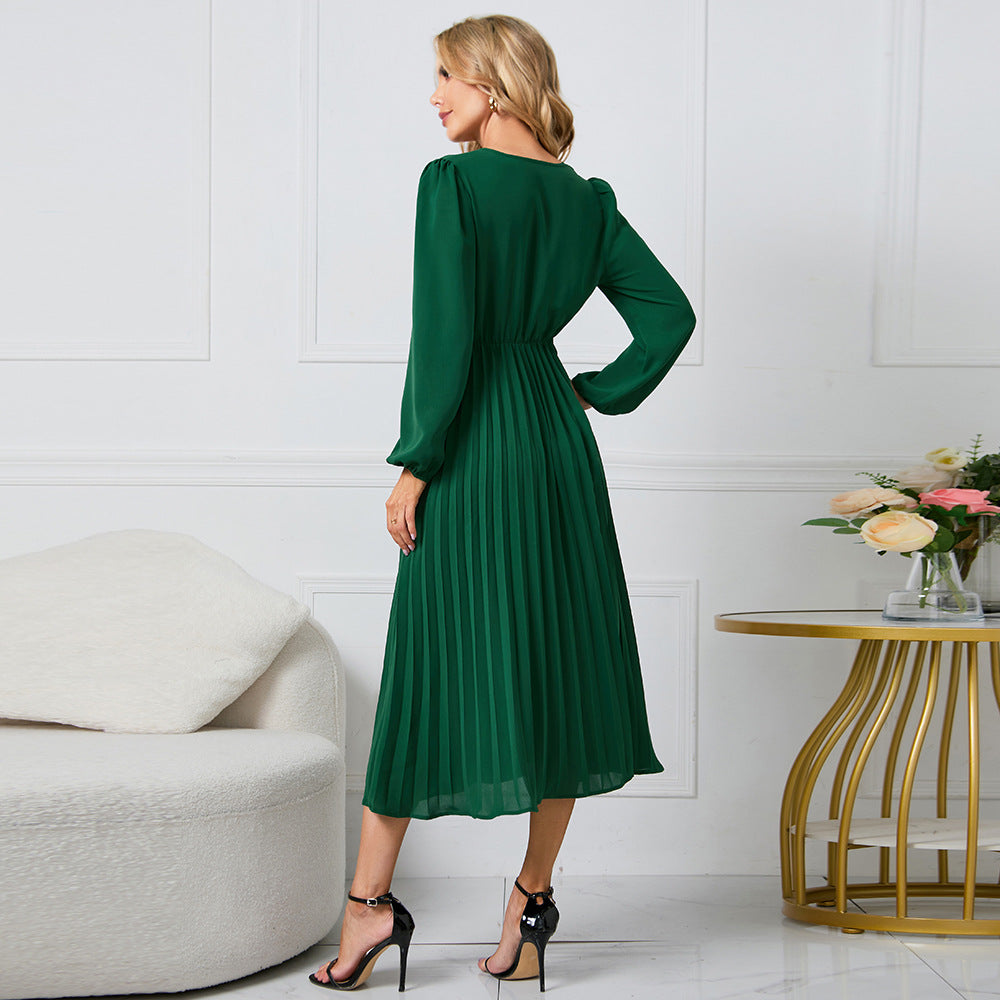 Elegante Vestito Midi Plissettato con Scollo a V