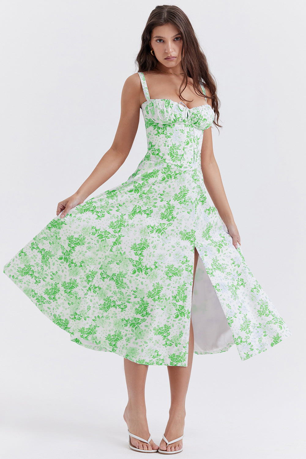 Daphne - Midi Dress with Floral Print and Lace-Up Corset
