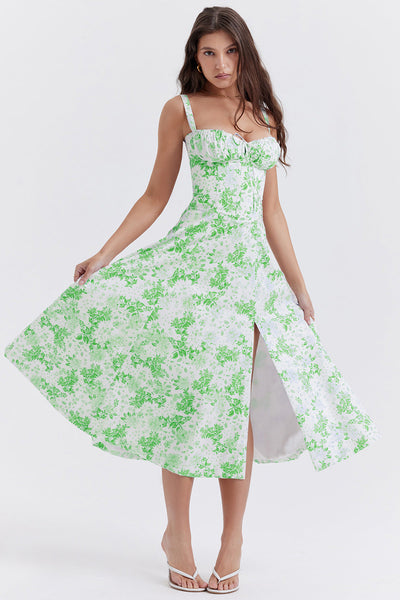 Daphne - Midi Dress with Floral Print and Lace-Up Corset