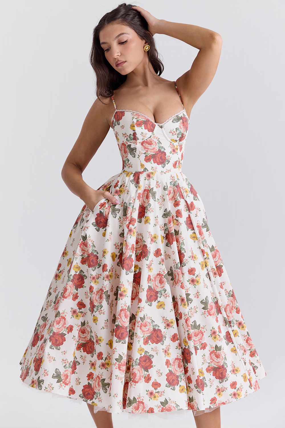 Cassandra - Vestito Midi con Corsetto, Gonna Ampia e Spalline Sottili