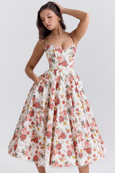 Cassandra - Vestito Midi con Corsetto, Gonna Ampia e Spalline Sottili