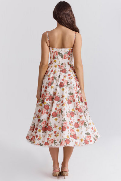 Cassandra - Vestito Midi con Corsetto, Gonna Ampia e Spalline Sottili