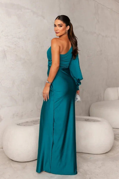 Valeria - Abito Lungo Asimmetrico in Satin con Drappeggiature