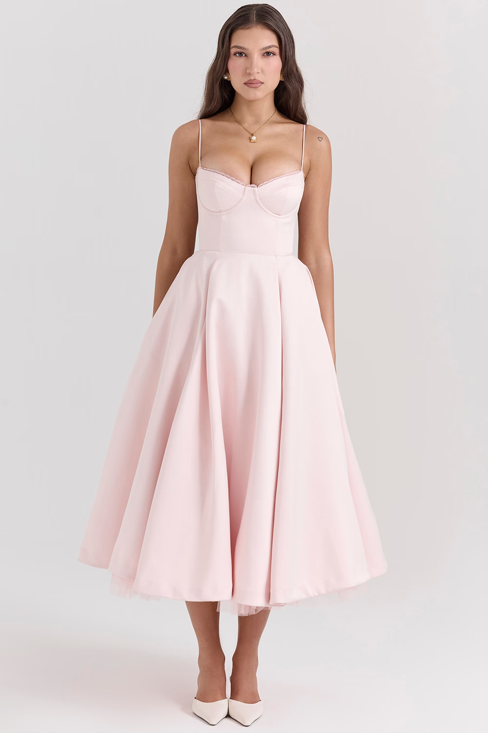 Cassandra - Vestito Midi con Corsetto, Gonna Ampia e Spalline Sottili