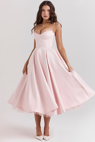 Cassandra - Vestito Midi con Corsetto, Gonna Ampia e Spalline Sottili
