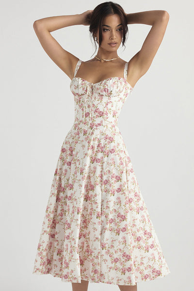 Daphne - Midi Dress with Floral Print and Lace-Up Corset