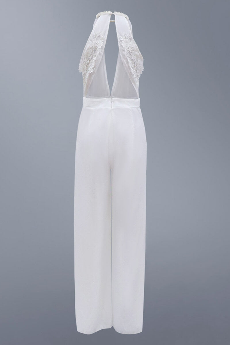 Chiara – Elegante Tuta Lunga Donna con Scollo Profondo, Spacchi e Decorazioni in Perle