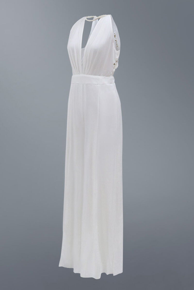 Chiara – Elegante Tuta Lunga Donna con Scollo Profondo, Spacchi e Decorazioni in Perle