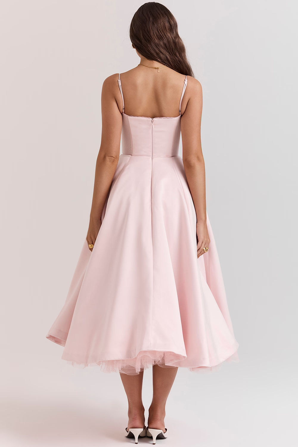 Cassandra - Vestito Midi con Corsetto, Gonna Ampia e Spalline Sottili
