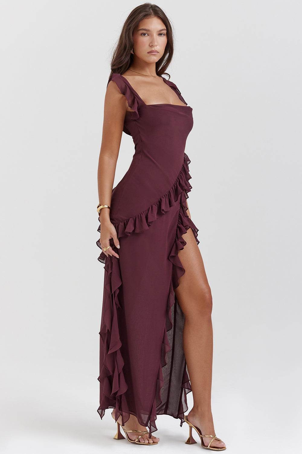 Abito Lungo Giorgia in Chiffon con Volant e Spacco