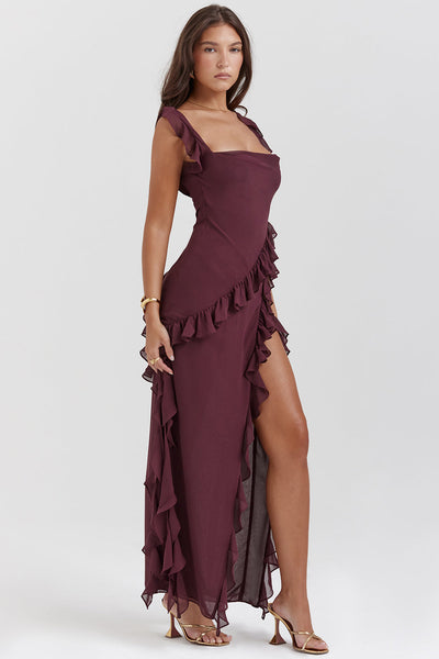 Abito Lungo Giorgia in Chiffon con Volant e Spacco