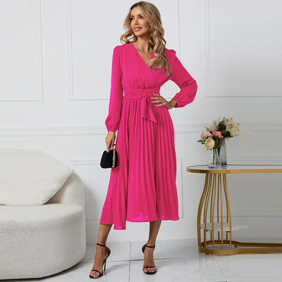 Elegante Vestito Midi Plissettato con Scollo a V