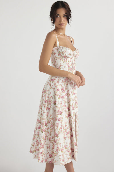 Daphne - Midi Dress with Floral Print and Lace-Up Corset