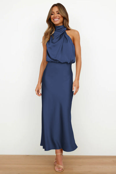 Dress Lungo in Satin con Collo Drappeggiato