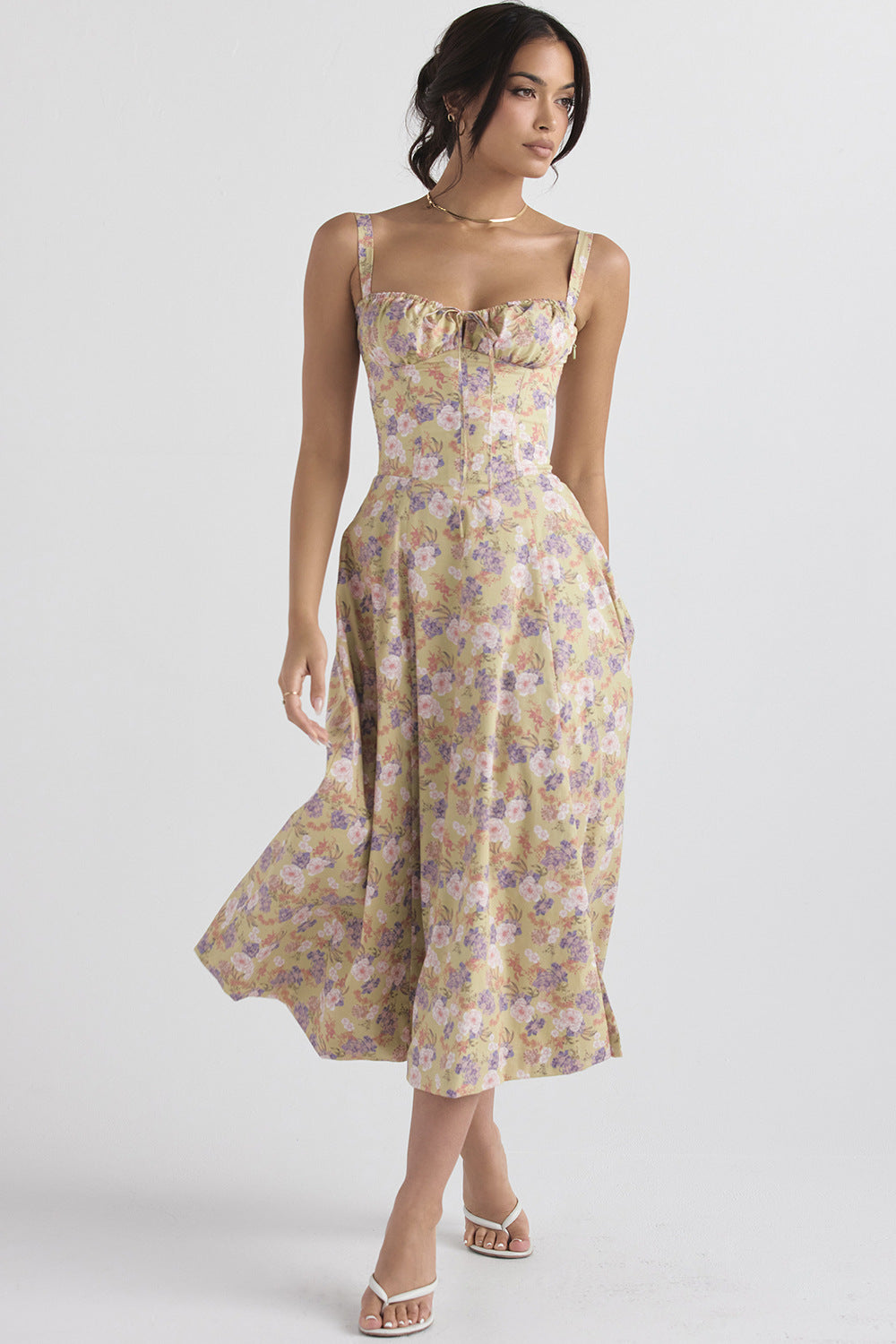 Daphne - Midi Dress with Floral Print and Lace-Up Corset