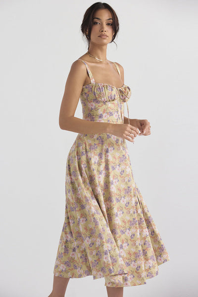 Daphne - Midi Dress with Floral Print and Lace-Up Corset