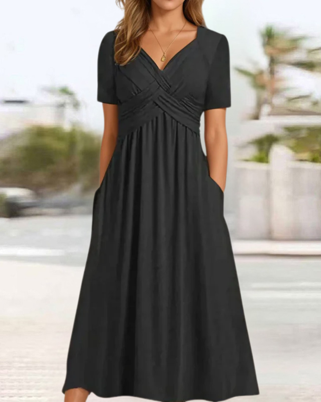Abito Midi Elegante con Scollo a V e Tasche – Amara