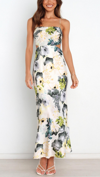 Abito Lungo in Satin con Stampa Floreale