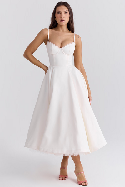 Cassandra - Vestito Midi con Corsetto, Gonna Ampia e Spalline Sottili