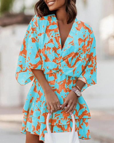 Abito Corto Stampato con Scollo a V e Nodo Frontale