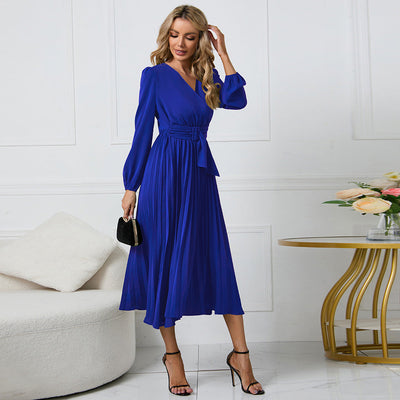 Elegante Vestito Midi Plissettato con Scollo a V