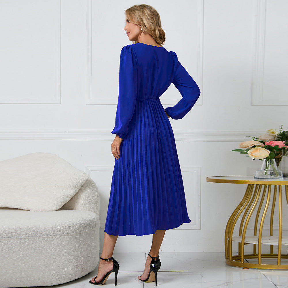 Elegante Vestito Midi Plissettato con Scollo a V