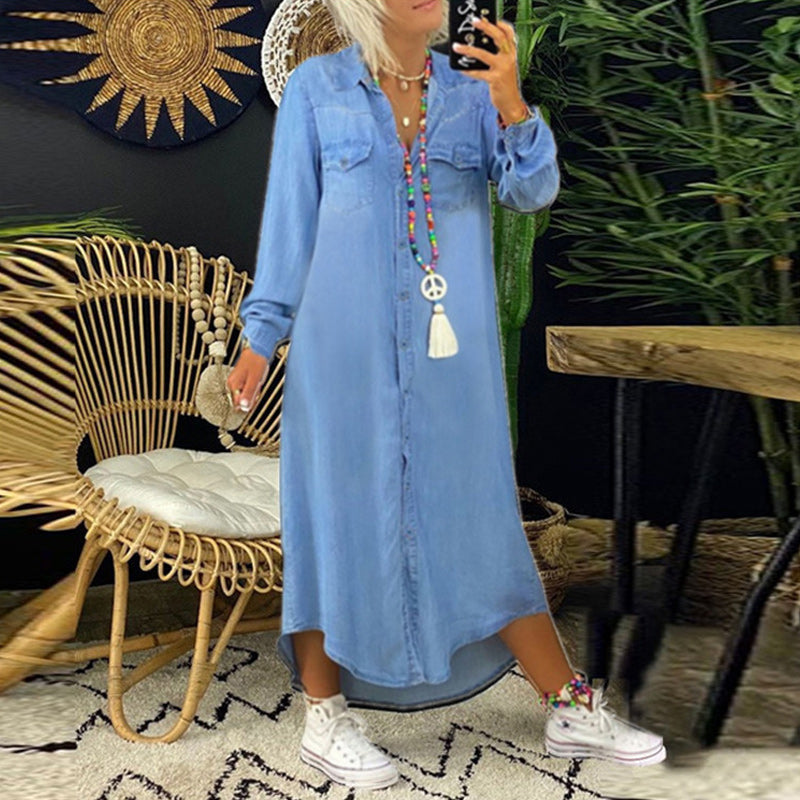 Abito Lungo Casual in Denim dallo Stile Urbano