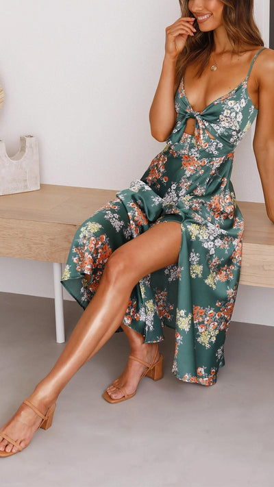 Abito Midi in Satin con Motivo Floreale