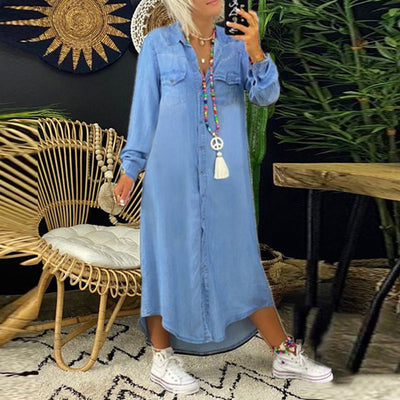 Abito Lungo Casual in Denim dallo Stile Urbano