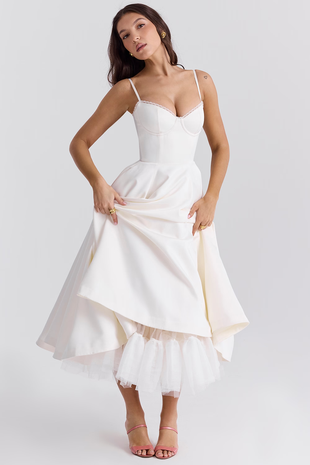 Cassandra - Vestito Midi con Corsetto, Gonna Ampia e Spalline Sottili